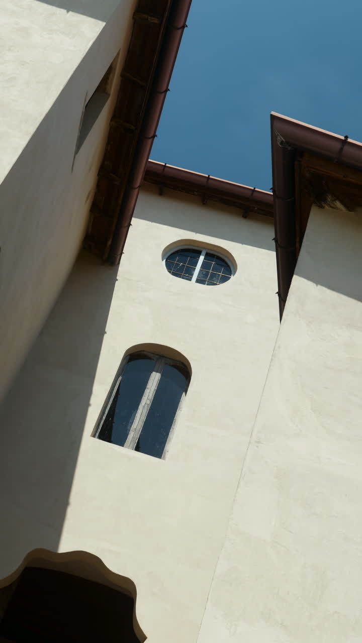 Architectural details of a building against a clear sky