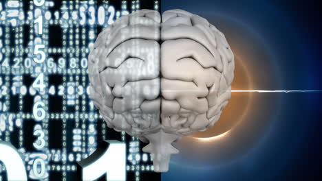 cerebro blanco con círculo de luz brillante y números digitales