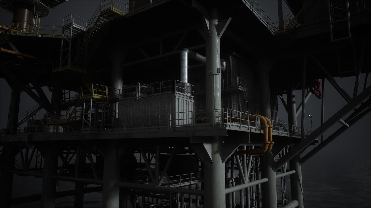 밤에 바다 한가운데에 높은 곳에 서 있는 석유 기구