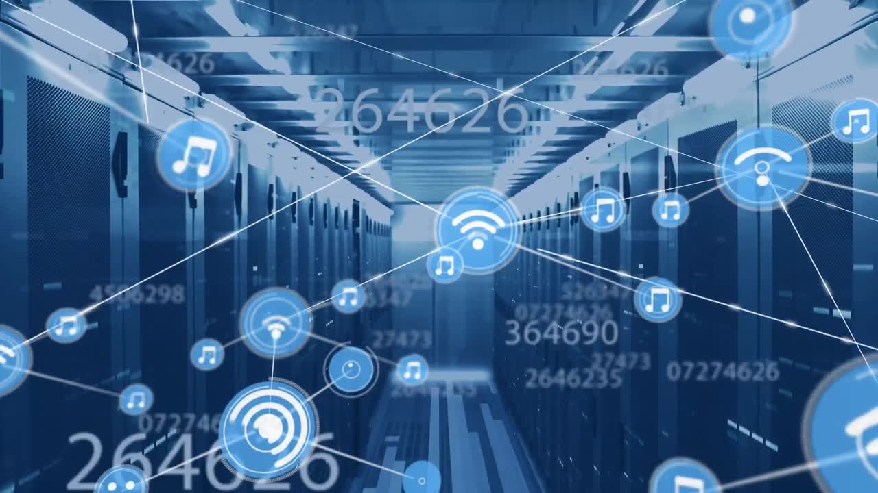 컴퓨터 서버와 데이터 처리를 통해 아이콘으로 연결 네트워크의 애니메이션