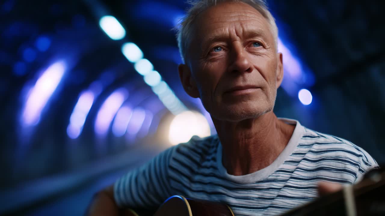 Capturing Introspection: A Senior Man Plays Guitar in a Dimly Lit Tunnel, Embracing Melancholy and Creativity as Artistic Expression, Enhanced by Vibrant Blue and Purple Lighting