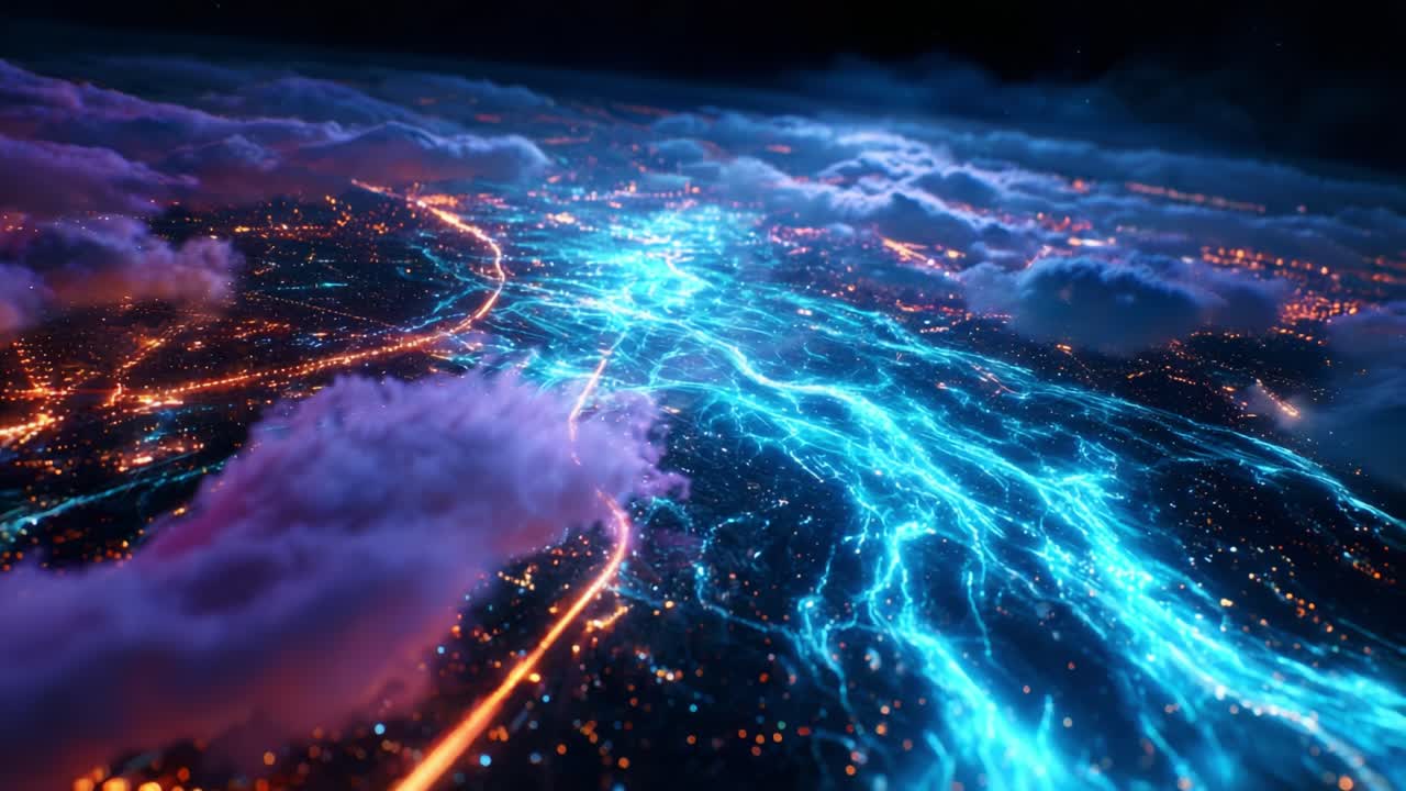 A Stunning Aerial View of a Nighttime Cityscape Bathed in Electric Blue Light, Showcasing the Dynamic Interaction Between Urban Infrastructure and Celestial Clouds Above, Creating a Vibrant and Otherworldly Atmosphere
