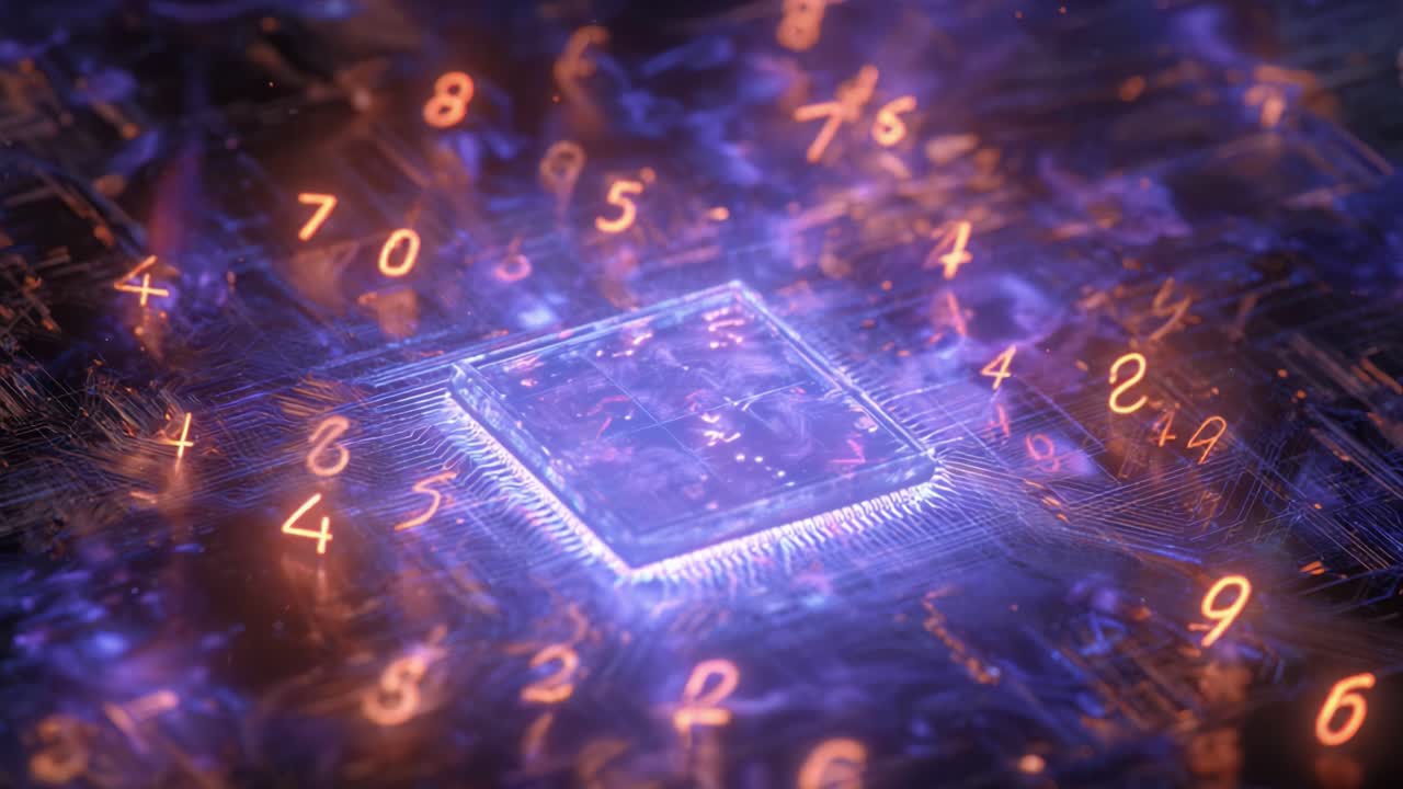 Futuristic central processing unit on a motherboard with glowing orange numeric streams and flowing digital data encircling the microchip, suggesting AI, computing and high speed processing