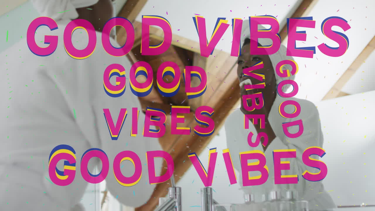 animación de buenas vibraciones texto sobre mujer afroamericana limpiando la cara en el baño