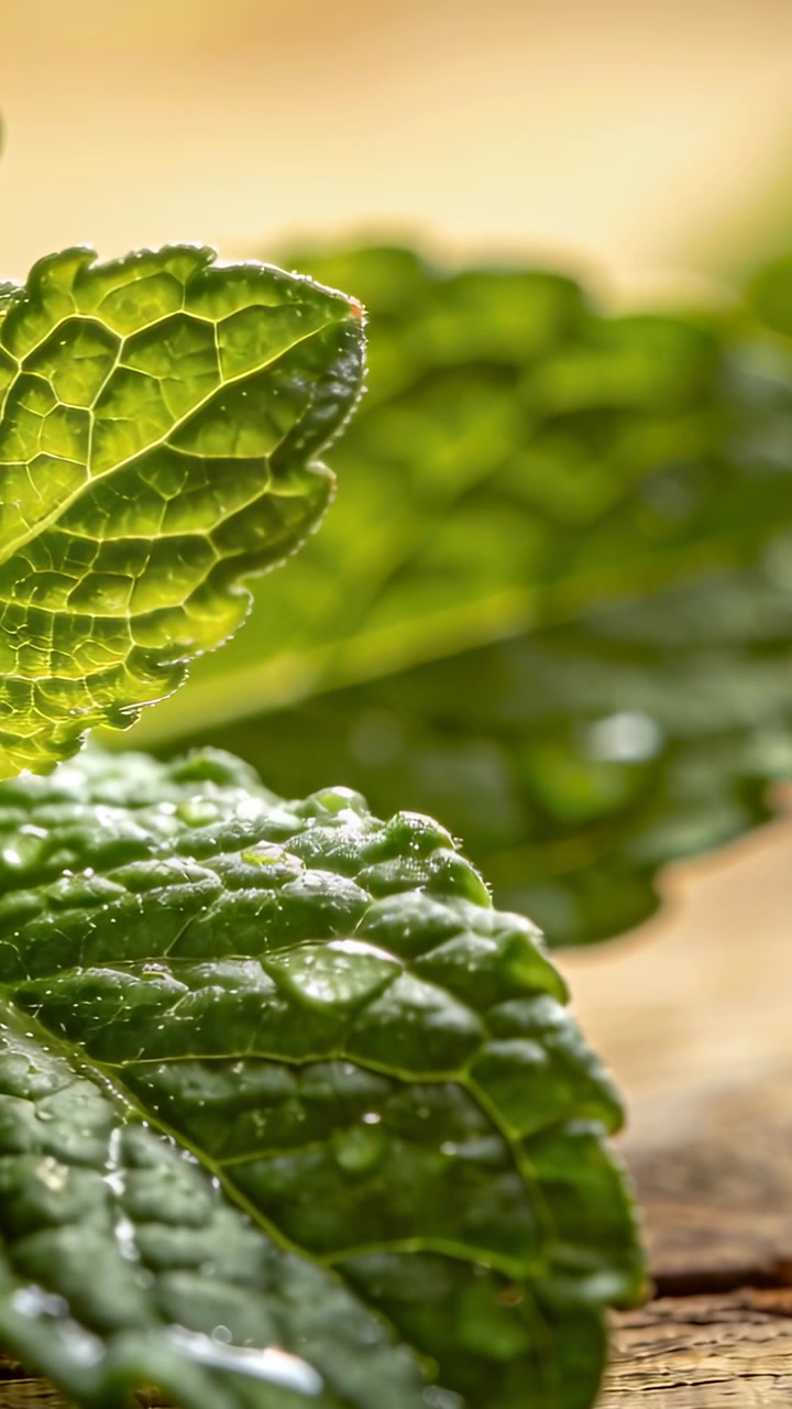 Video verticale: Telecamera macro che si sposta rivelando venature di menta e goccioline su una superficie per mostrare la texture.