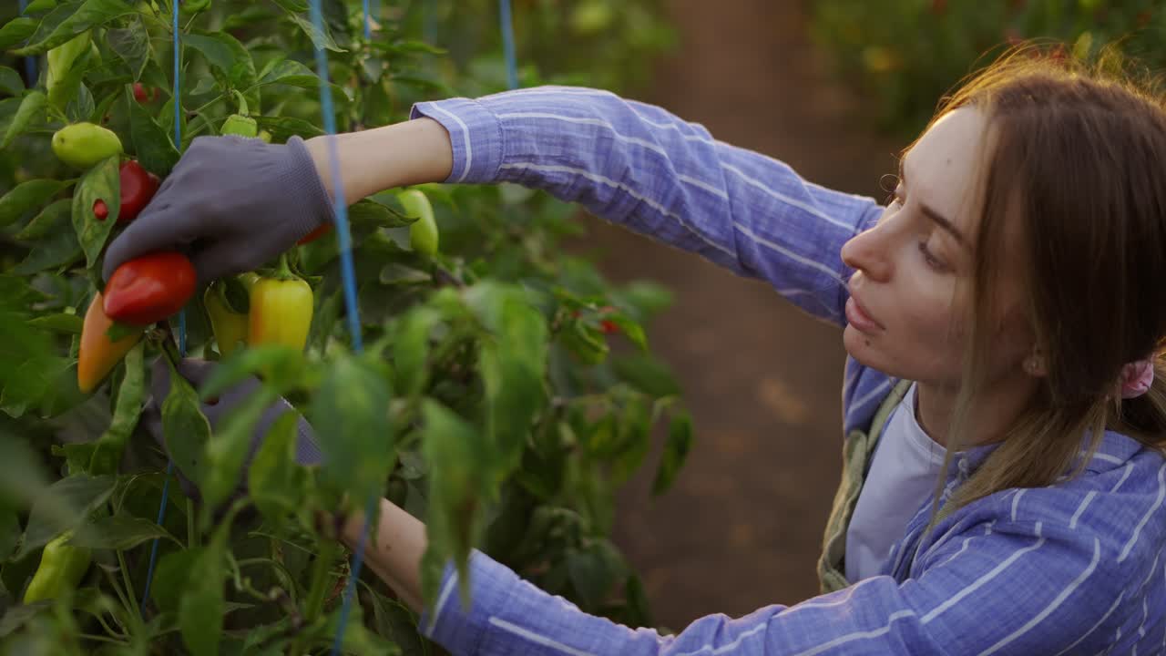 mujer agricultora cosechando pimientos en el invernadero, recolectándolos en una canasta, primer plano