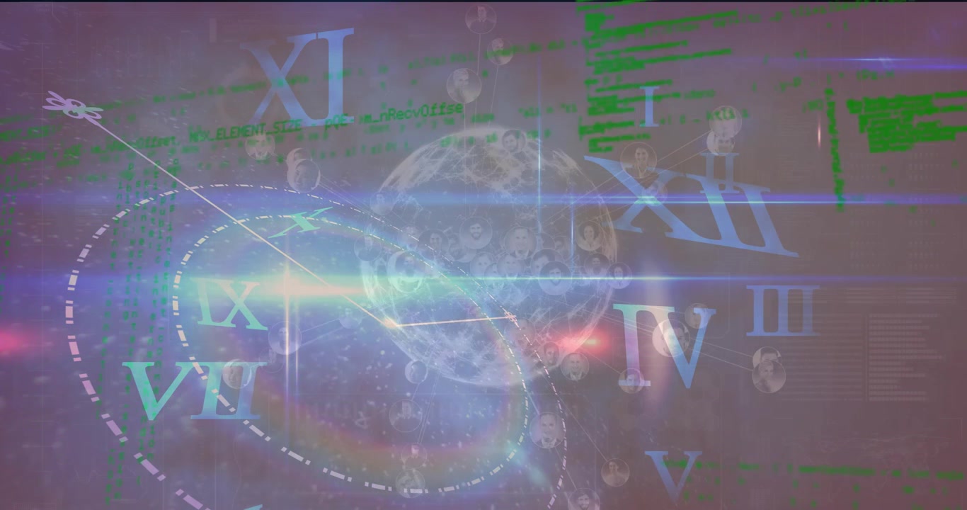 Animation of globe, data and roman numerals in digital space