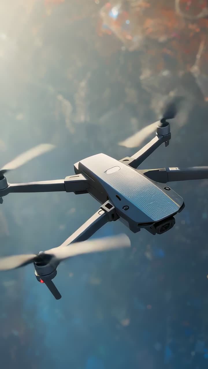 Video verticale: rotori in rotazione che avviano un drone grigio in volo in avanti sopra la foschia, con gimbal