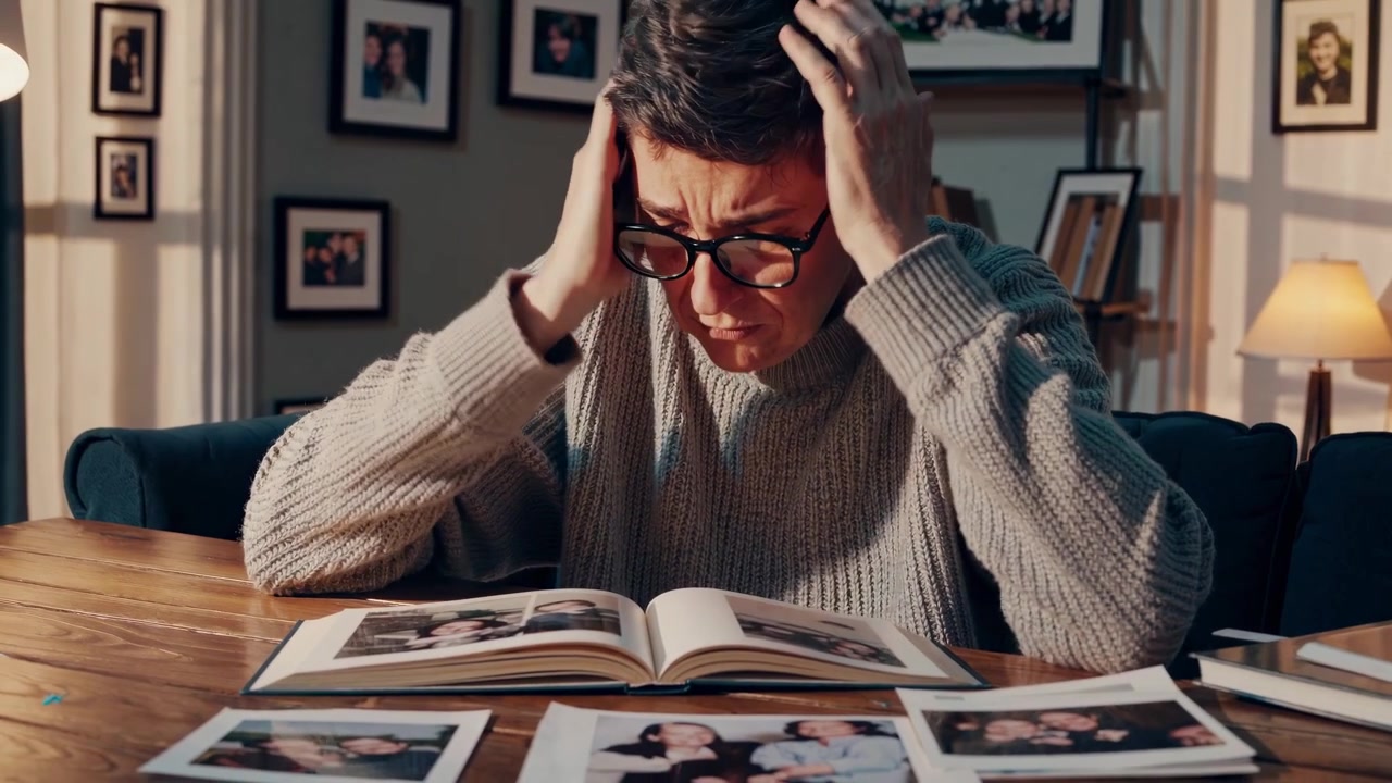 Distressed Woman Looking at Old Family Photo Album