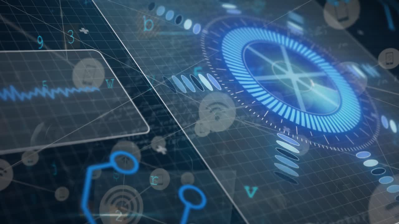 추상적인 배경 위에 디지털 원, 떠다니는 아이콘 및 프로그래밍 언어의 애니메이션