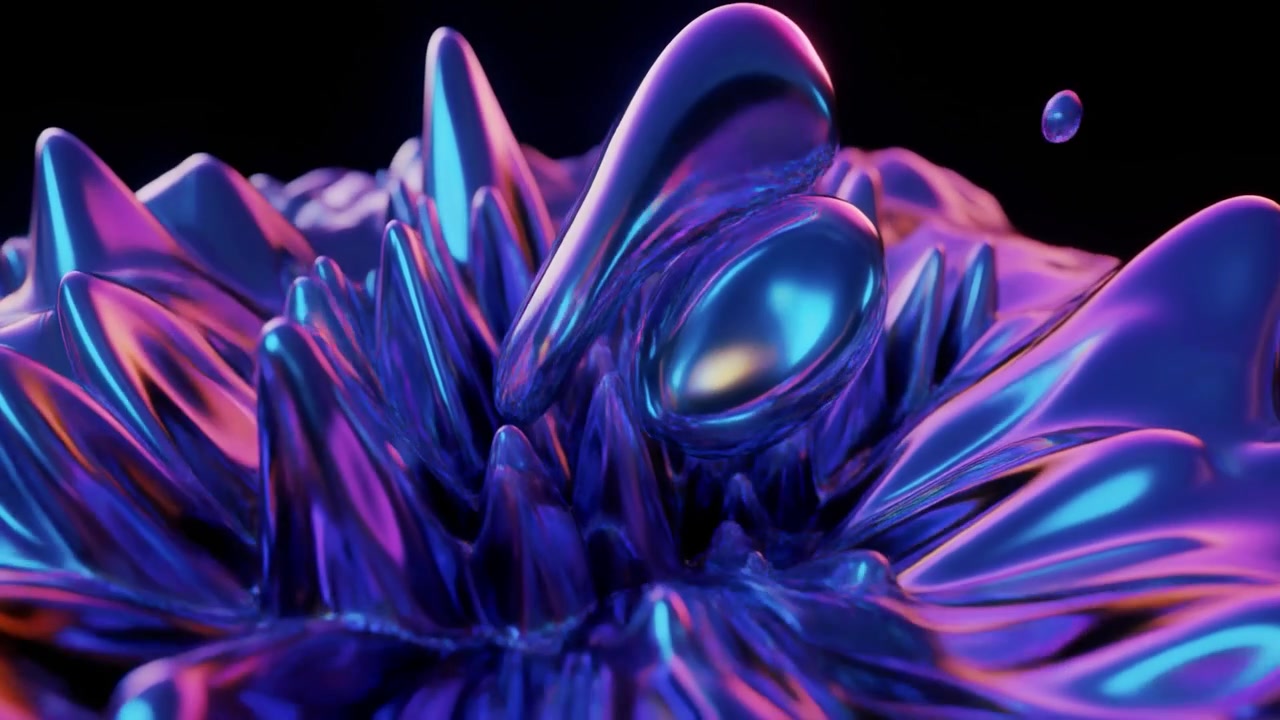 Metallo Liquido Astratto che si Riversa su una Superficie Increspata Iridescente