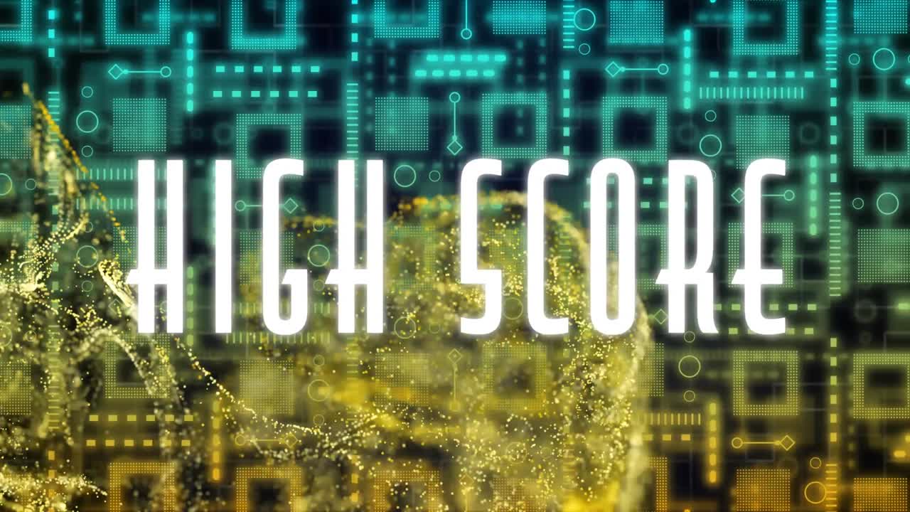 Animation of high score text over yellow shapes and computer circuit board on black background