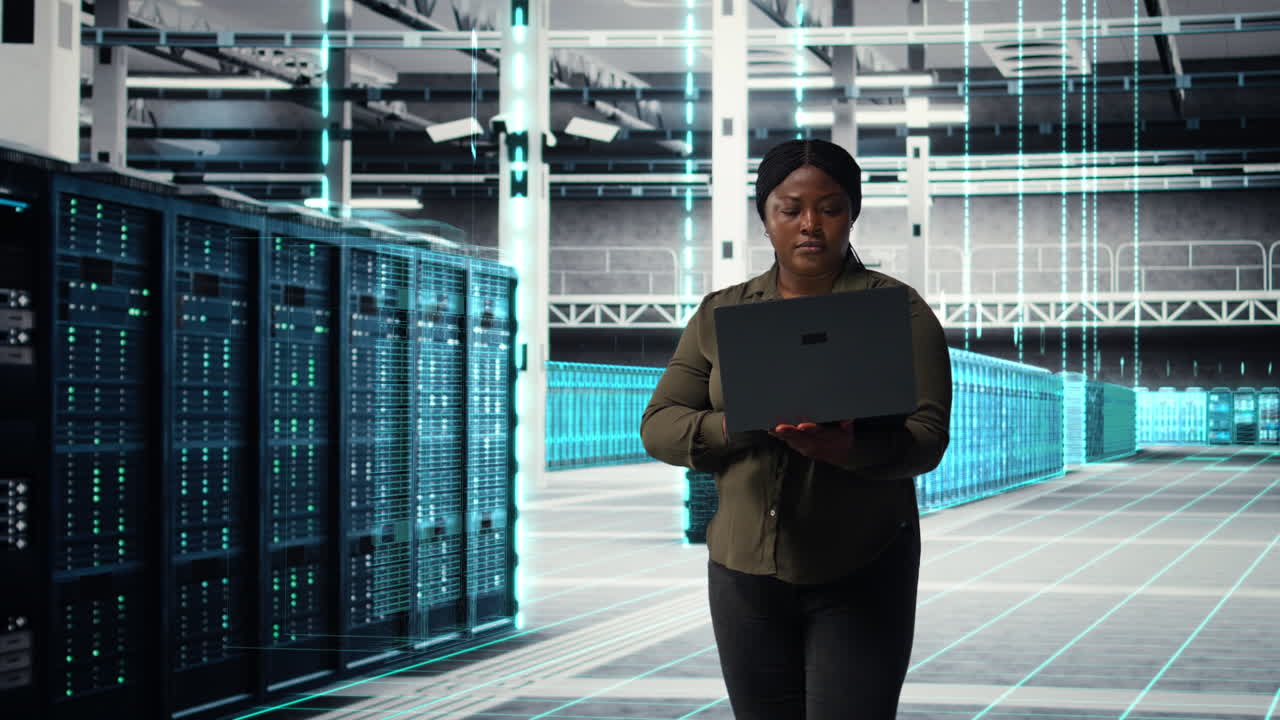 It-specialist går gennem datacentret og kortlægger serverracks digital tvilling, VFX
