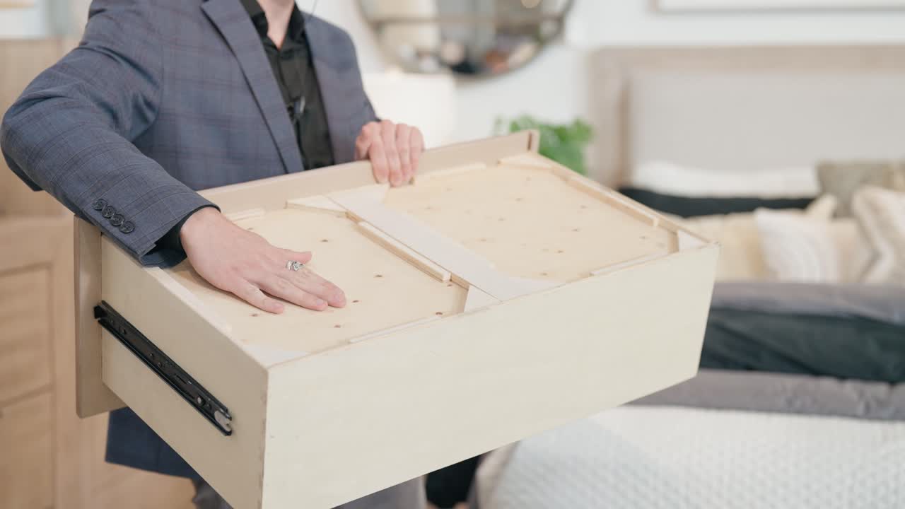 Man flips product to explain craftsmanship in retail setting