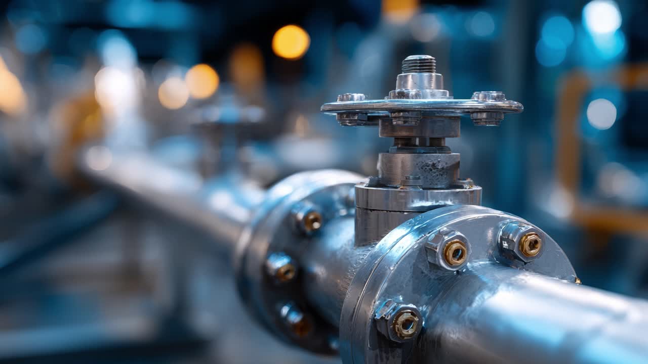 Close-Up of Industrial Pipe Valve System in a Factory Setting: Detailing the Mechanisms and Equipment Used in Modern Manufacturing Processes