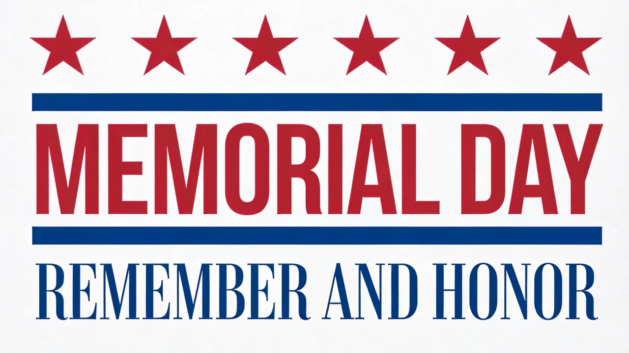 Play starting Memorial Day graphic holding on white backdrop, blue bars six stars honoring veterans