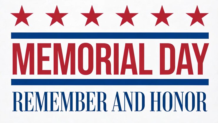 Play starting Memorial Day graphic holding on white backdrop, blue bars six stars honoring veterans