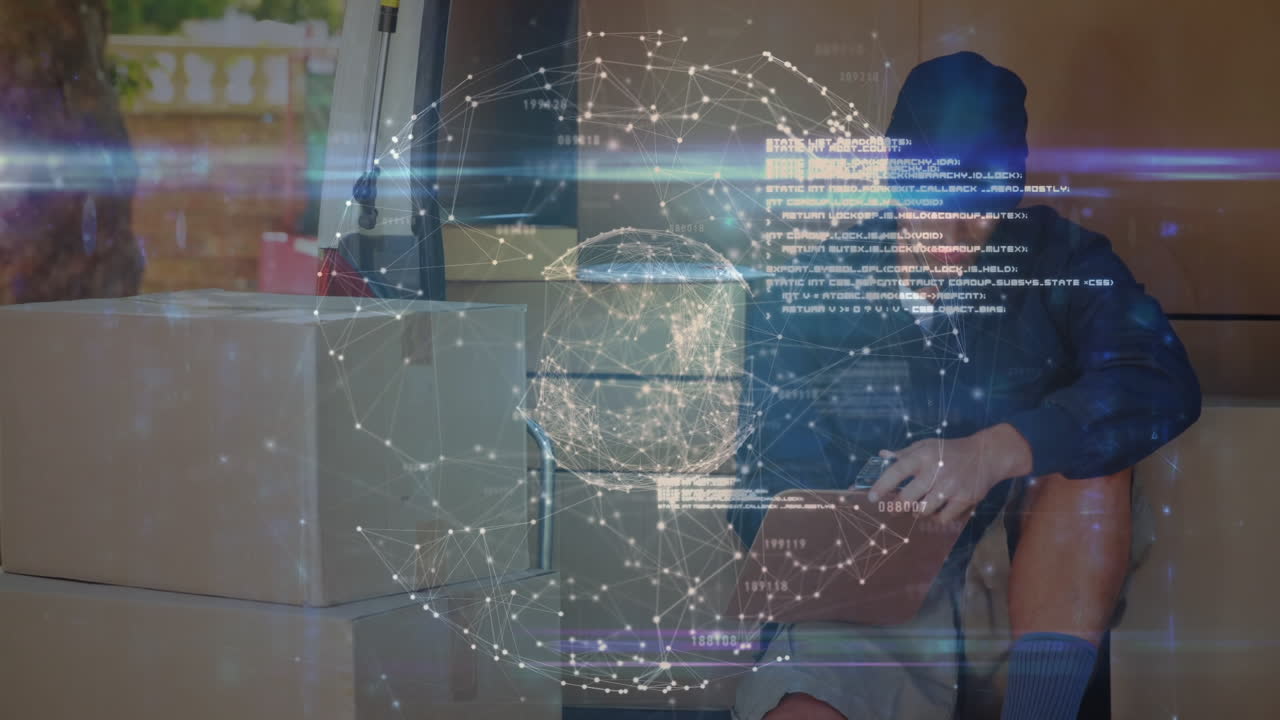 Animation of digital interface over caucasian warehouse worker