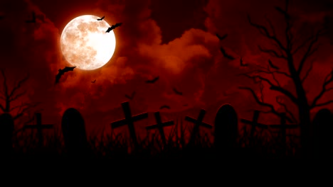 le cimetière d'halloween, la lune et les chauves-souris.