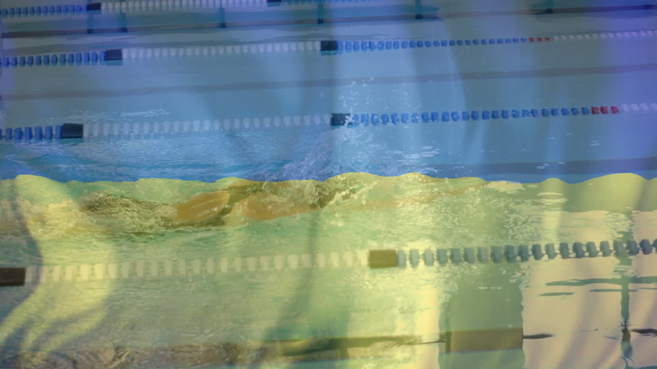 анимация флага украины над кавказской плавательницей в бассейне