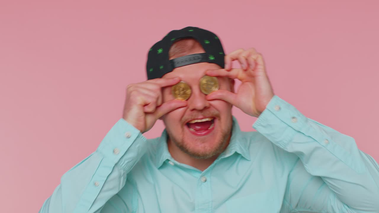 Man showing bitcoins btc career wealth cryptocurrency investment mining future technology payment