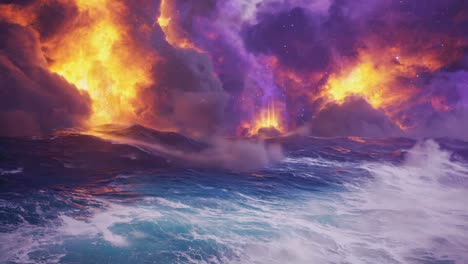 Dramatic Ocean and Cosmic Sky with Fire and Purple Clouds
