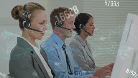 Animation-of-network-of-connections-business-people-wearing-phone-headsets