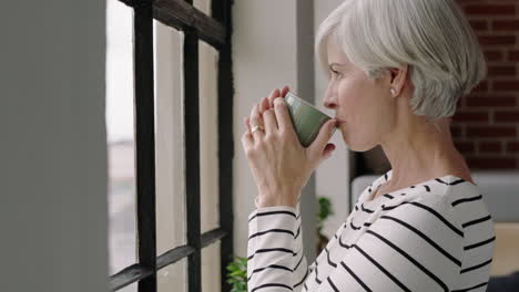 portrait happy middle aged woman drinking coffee at home enjoying successful retirement looking out window planning ahead mature female in trendy apartment loft