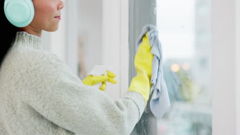 headphone, window and woman spring cleaning