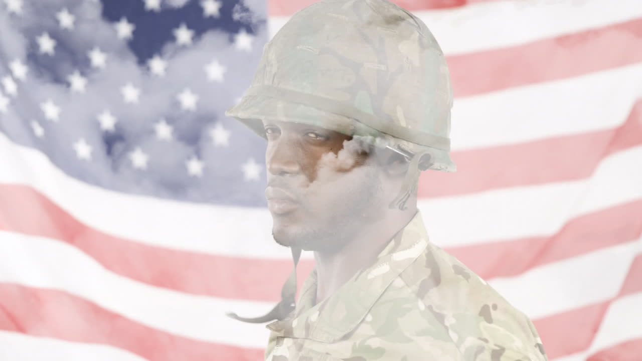 In animation, soldier wearing camouflage uniform with American flag in background