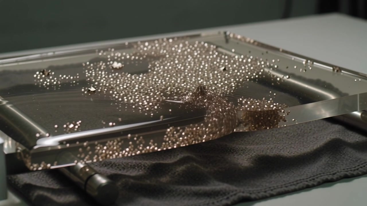 Sliding magnetic rod pulling metallic spheres across transparent acrylic plate on workbench