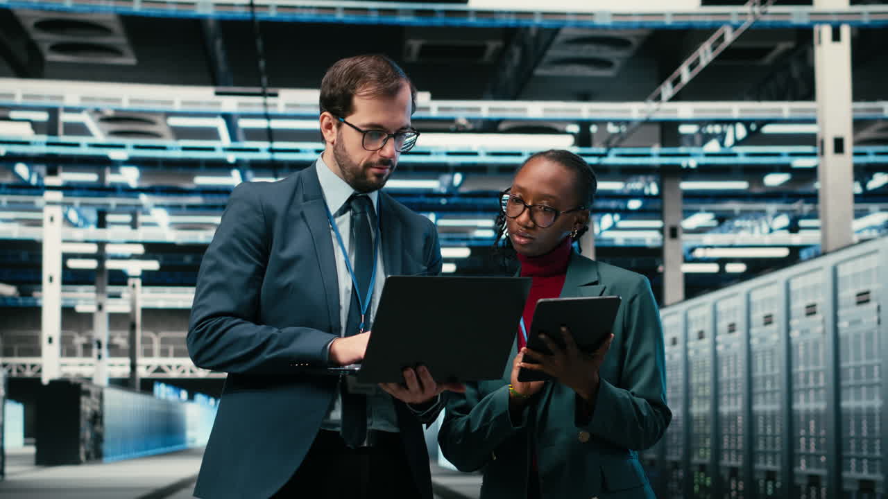 IT Engineers Collaborating with Laptop and Tablet in Data Center