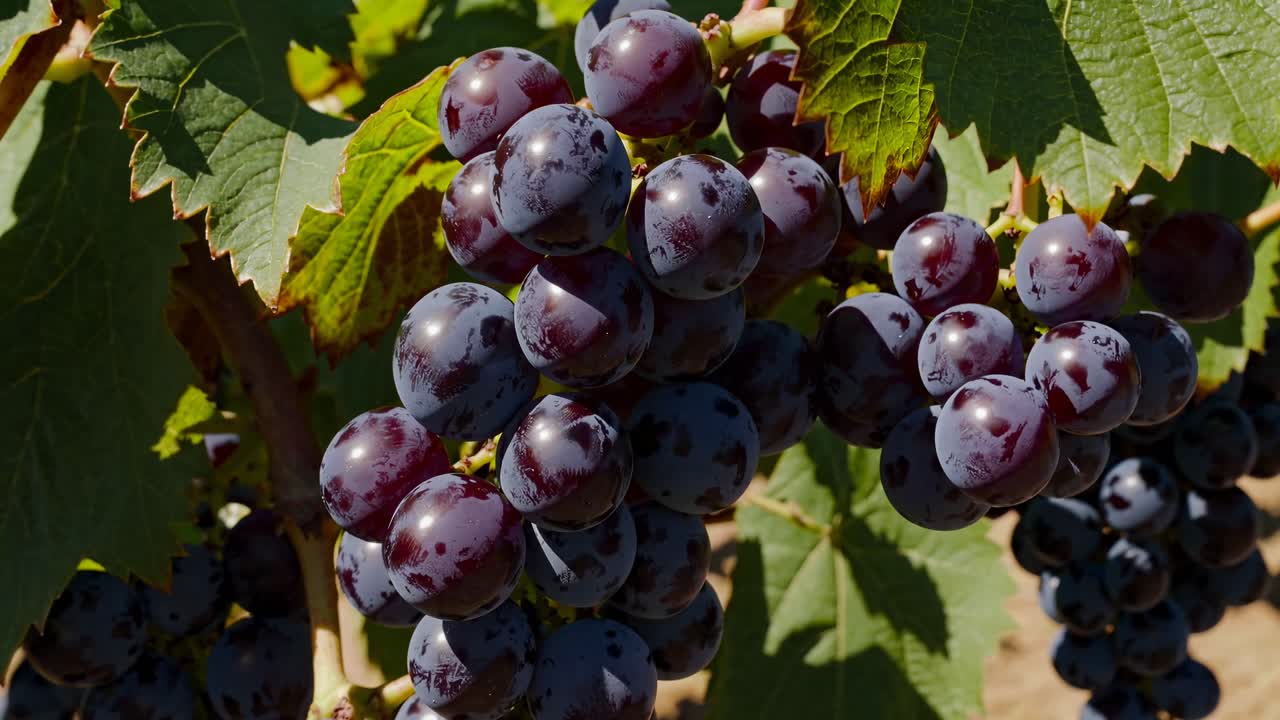 Wide-angle video shot of a lush vineyard under a clear sky, showcasing rows of grapevines and rustic