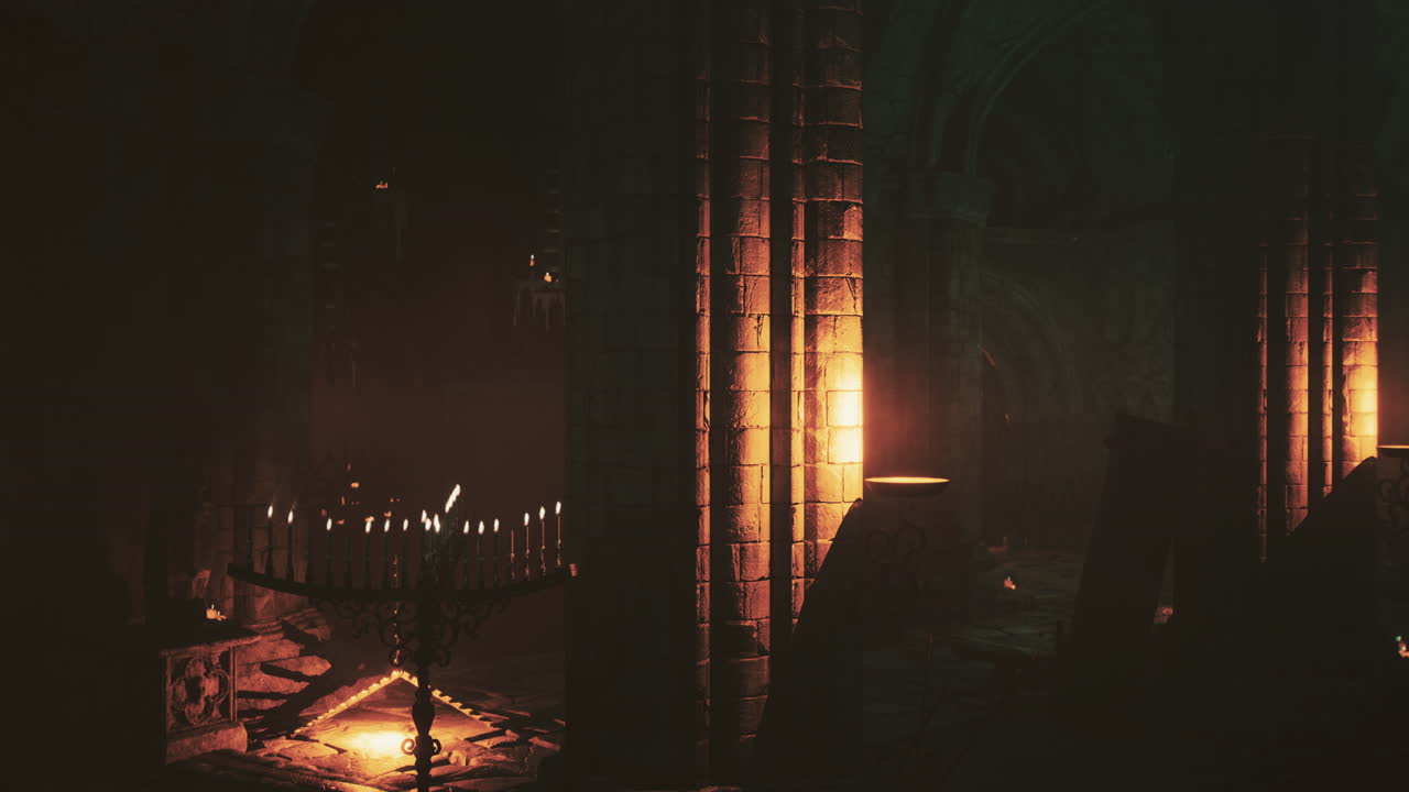 불이 있는 어고 신비로운 교회 내부