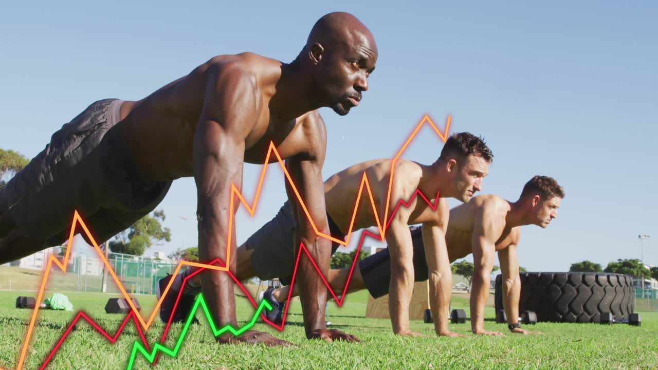Lead man guiding trio holding plank and initiating micro push-ups, fitness graphs tracking effort