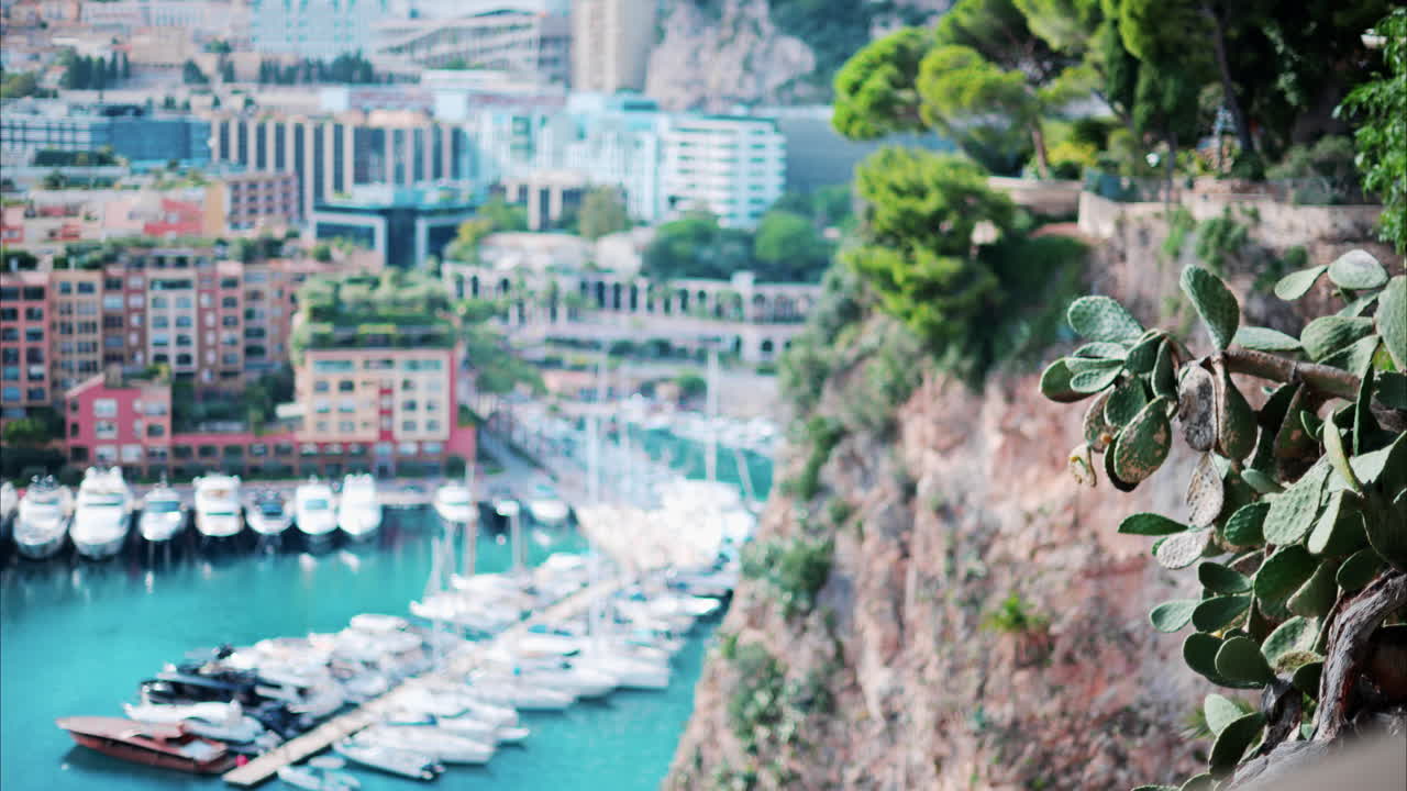 Blurry view of boats docked in the Port de Fontvieille in Monaco