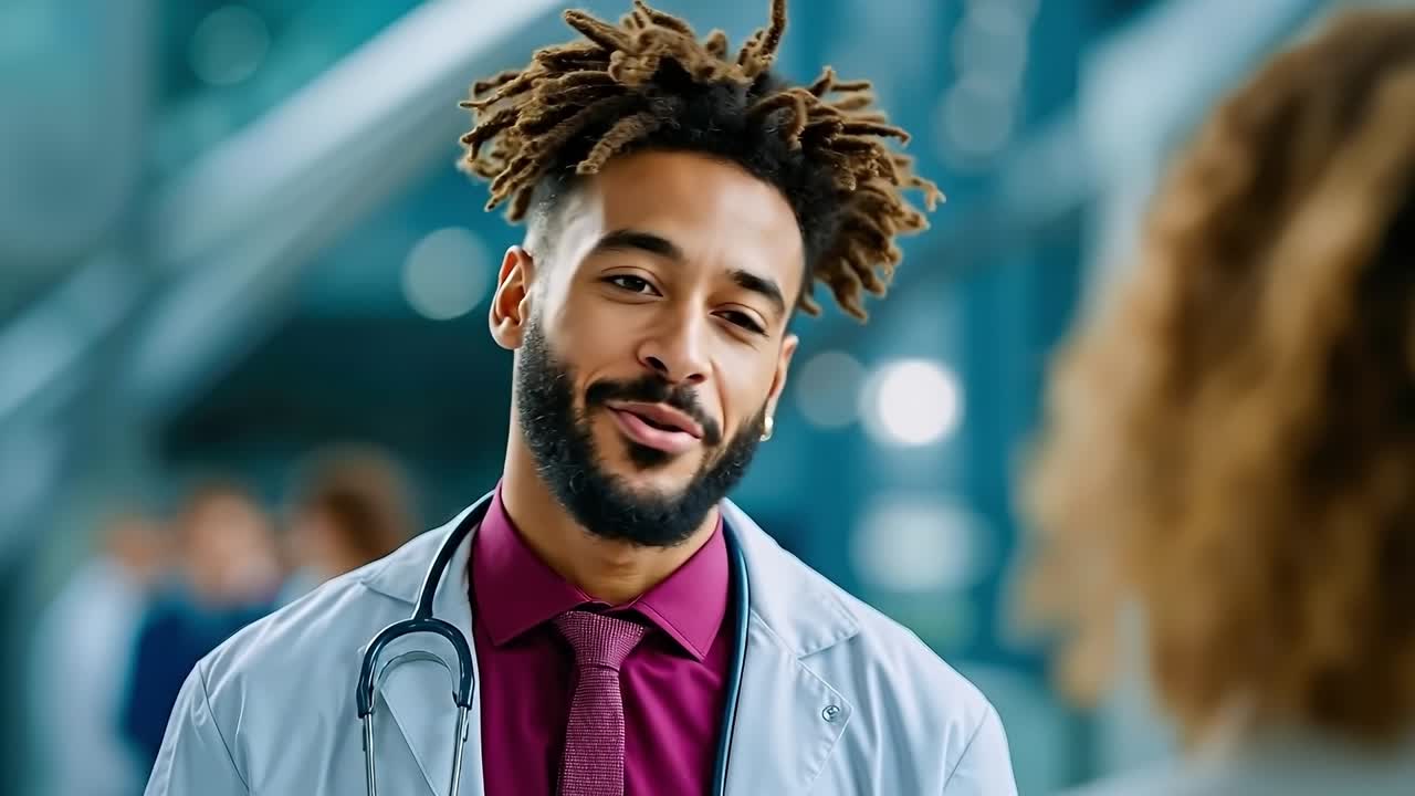 A man with dreadlocks smiles at a doctor