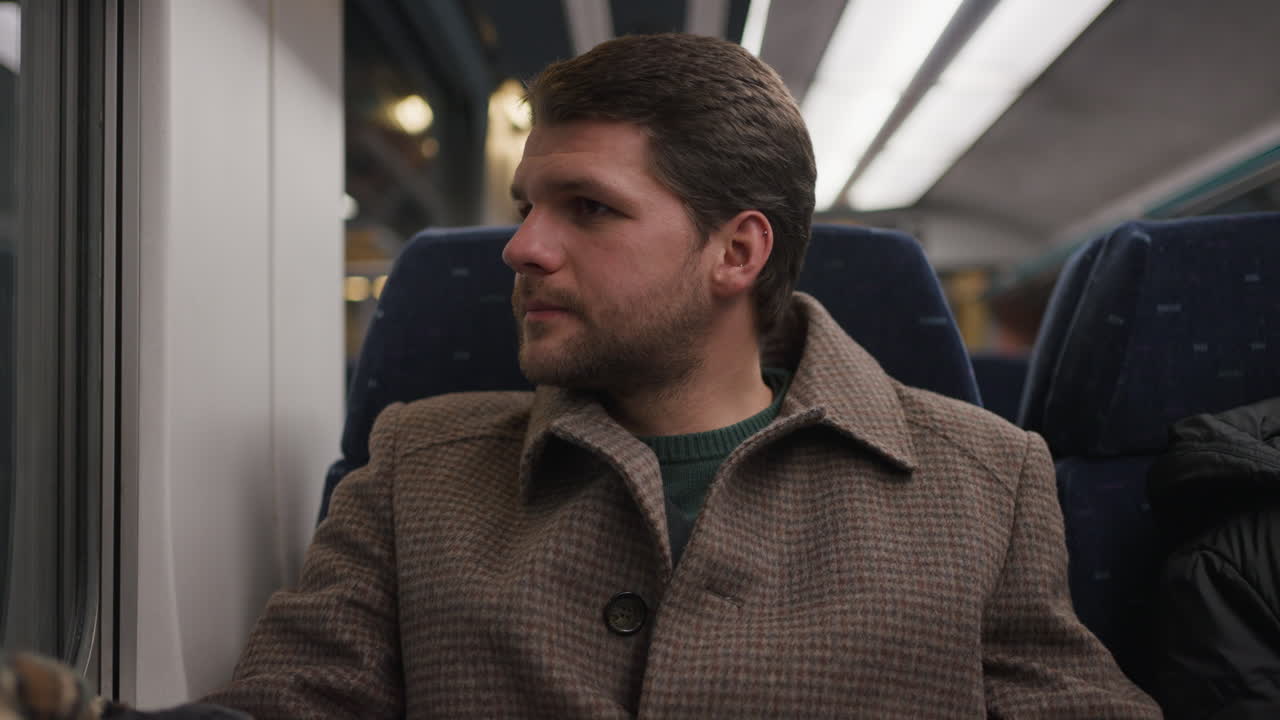 Young Caucasian business man in an overcoat sitting on a train - closeUp
