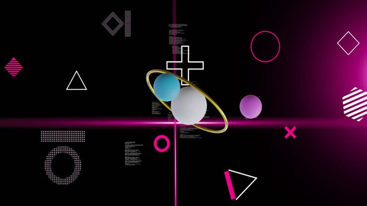 Animation of rotating spheres and pink scanner beams over data processing on black background