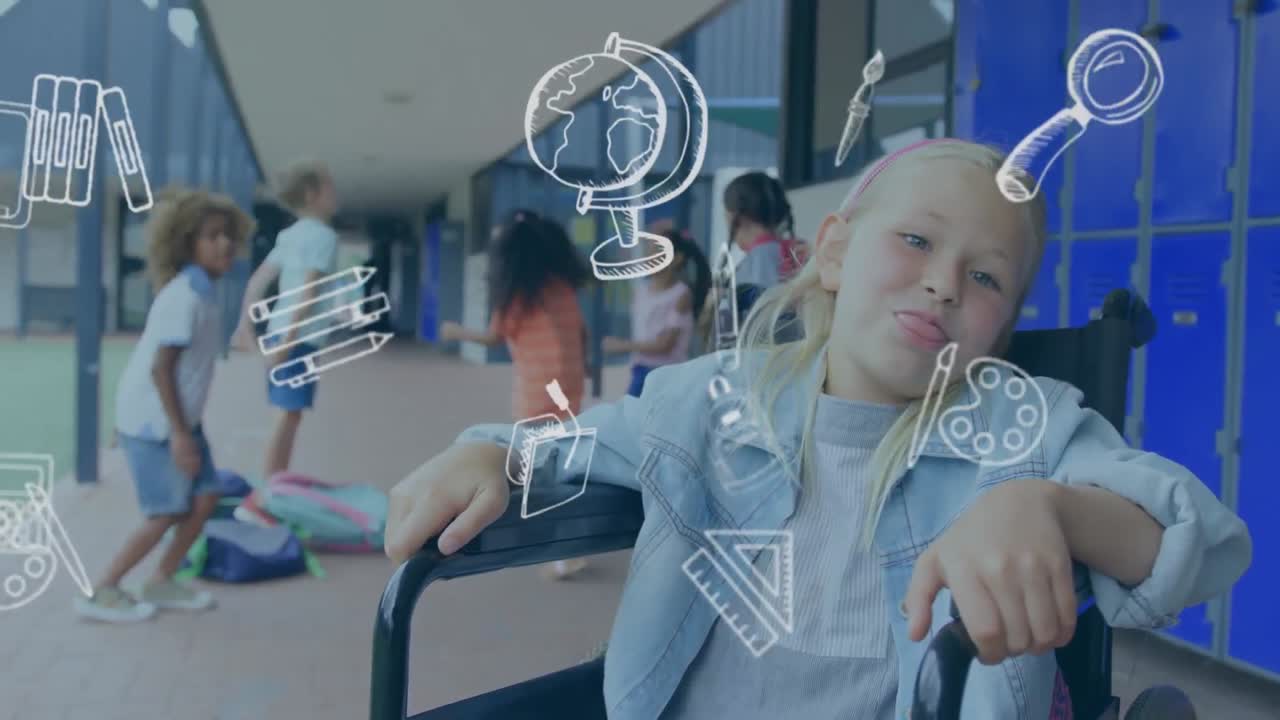 체어에 앉아 있는 장애인 백인 여학생을 상징하는 학교 아이콘의 애니메이션