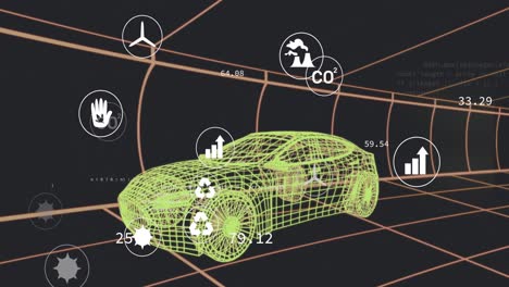 Animation-Mehrerer-Digitaler-Symbole-über-Einem-3D-Automodell,-Das-Sich-In-Einem-Nahtlosen-Muster-In-Einem-Tunnel-Bewegt