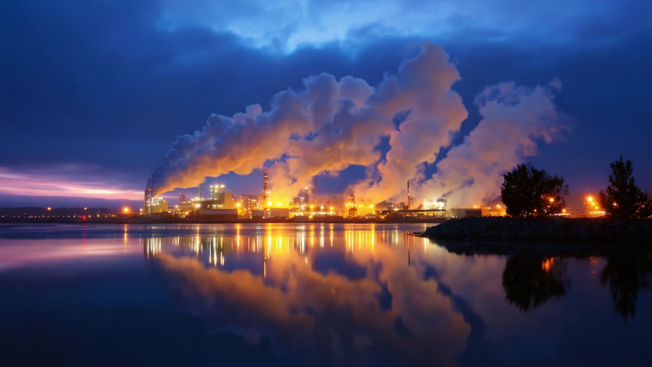 A stunning evening view of an industrial landscape, showcasing emissions billowing from smokestacks against a dramatic sky, reflected in still water, highlighting the juxtaposition of nature and industry