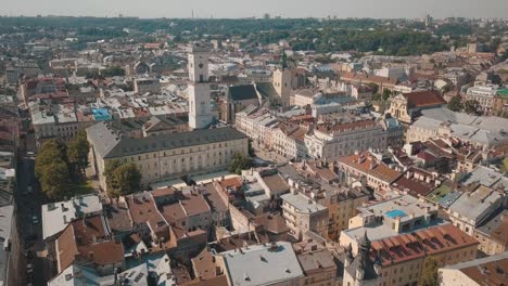 lvov, ukraine. panorama of the ancient city. the roofs of old buildings. ukraine lviv city council, dominican church, town hall, the tower. streets aerial view