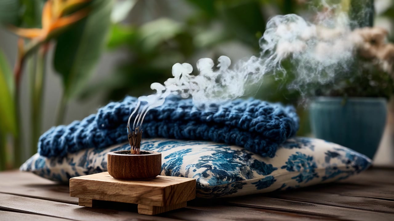 Elegante allestimento per aromaterapia con incenso, cuscini decorativi e vegetazione lussureggiante per un'atmosfera rilassante in un accogliente spazio abitativo