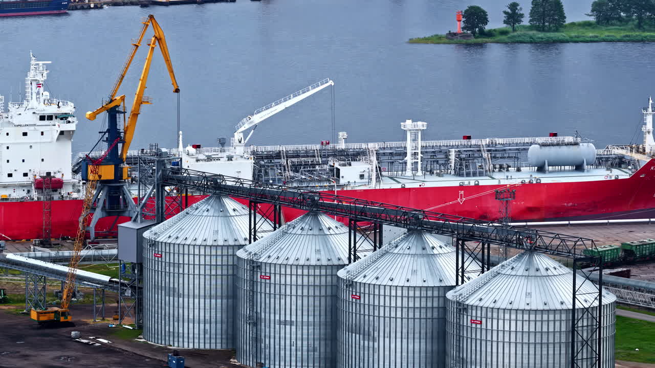 Industrial work in port Riga, Latvia. Aerial view