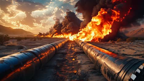 a large pipe in the middle of a desert with a large explosion coming out of it