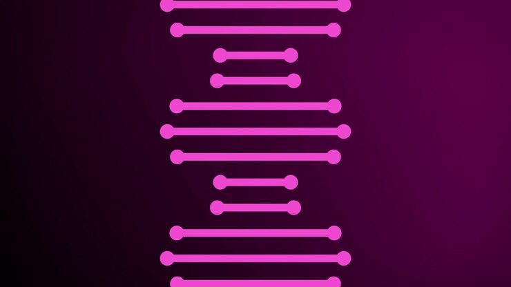 Linee fluide a forma 2D che rappresentano un'animazione di una molecola di filamento di DNA rotante su uno sfondo sfumato scuro, design digitale astratto, motion graphics, effetti visivi con colori vivaci rosa