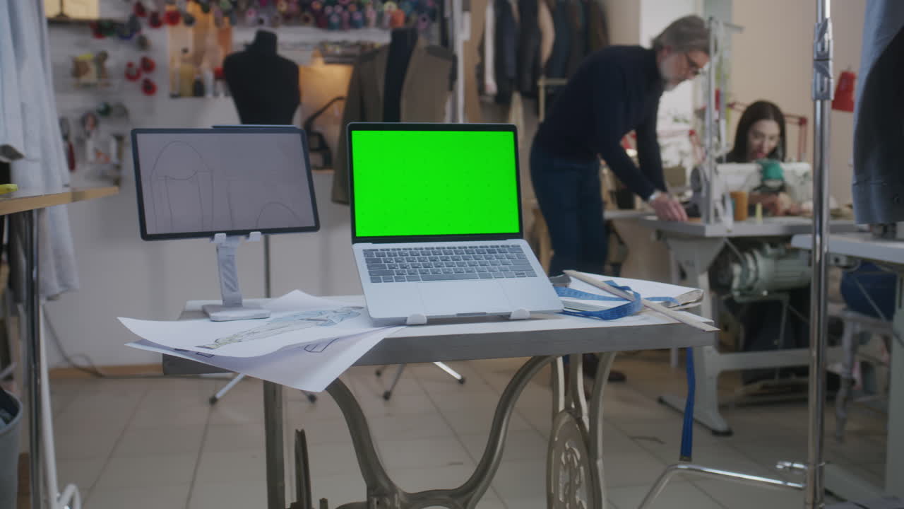 Fashion Design Studio with Green Screen Laptop and Tablet