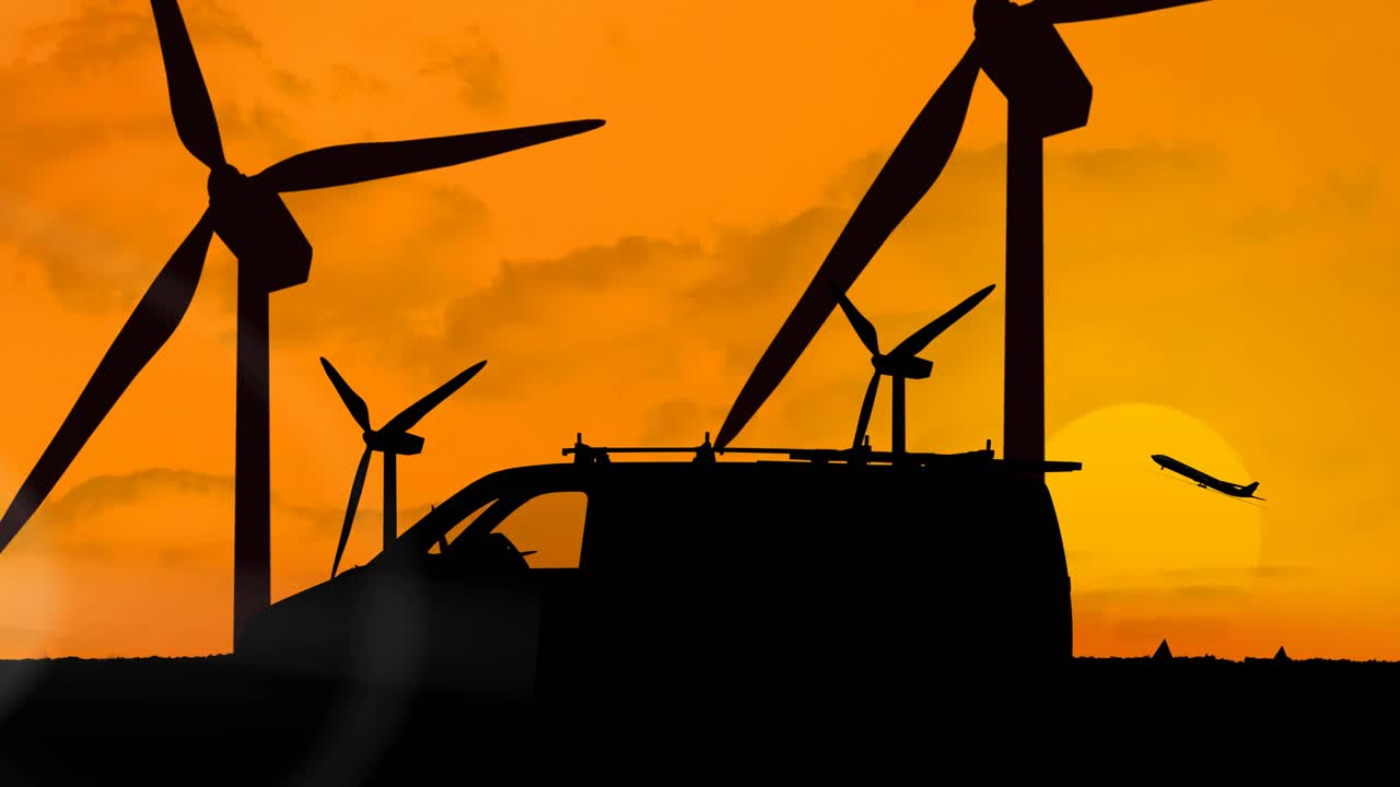 풍력 터빈과 오렌지색으로 이륙하는 비행기 위로 이동하는 실루 배달 밴의 애니메이션