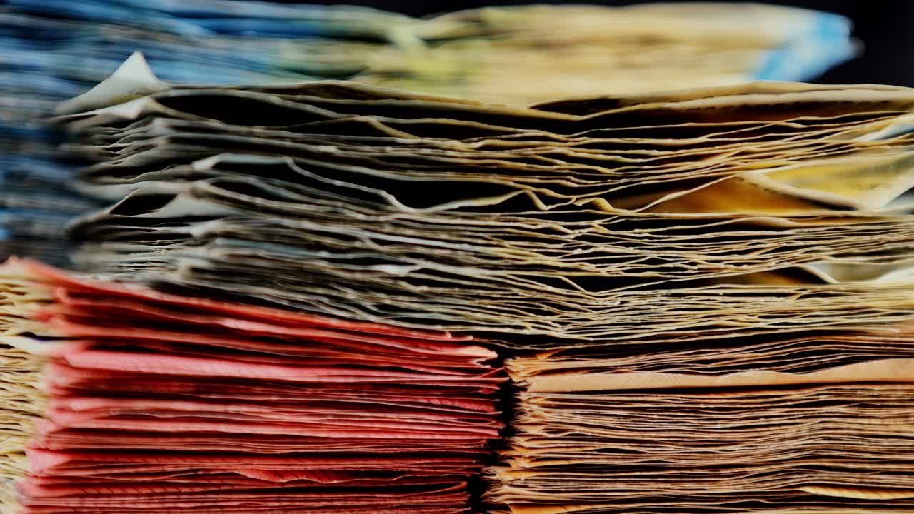 Various euro denominations spin slowly in crisp stacks, part of financial theme